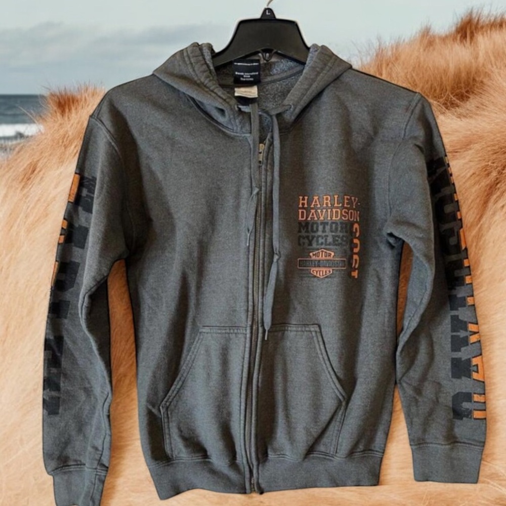 Harley-Davidson Gray‎ Zip Hoodie Small CH S/P Logo Print Sleeves Motorcycle